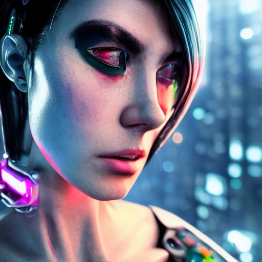 side close up portrait of 1 cyberpunk girl, detailed face, spotlight, cyberpunk city, wired, multicolored, vibrant high contrast, hyperrealistic, photografic, 8k, epic ambient light, octane render