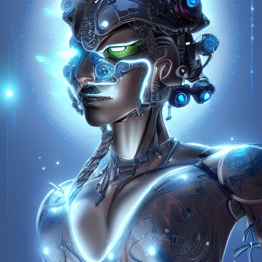 Stunning portrait of a cyborg warrior princess with glowing eyes and intricate cybernetic enhancements. Award-winning digital illustration with breathtaking lighting. In the style of Hajime Sorayama