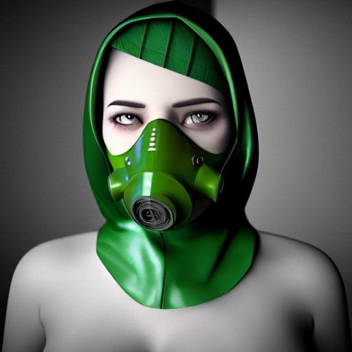 Render 3d, 4k, Woman with gas mask hood, green eyes, tattoo on her neck