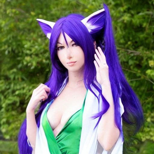 Ahri is a character from the video game League of Legends and is often described as a fox woman. She has long, silky, purple hair that reaches her thighs. Her skin is fair and she has green eyes with black eyeliner. Ahri wears a short, tight-fitting kimono in various colors, including white, red and blue. The kimono has long sleeves and a high collar decorated with a golden jewel in the center. Her waist is accented by a red obi belt and she also wears a pair of black boots that reach her thighs. Ahri also has a fox-like tail with white tips and fox ears protruding from her hair. As she fights, her tail can glow and release sparkling particles. Overall, Ahri is a very elegant and graceful champion who combines the grace of a fox with the beauty of a woman., 3D