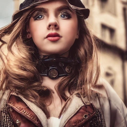 detailed, close up portrait of girl standing in a steampunk city with the wind blowing in her hair, cinematic warm color palette, spotlight, perfect symmetrical face