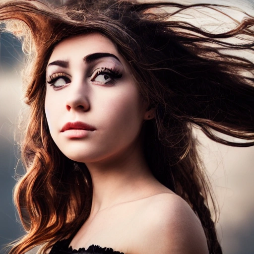 detailed, close up portrait of girl standing in a steampunk city with the wind blowing in her hair, cinematic warm color palette, spotlight, perfect symmetrical face