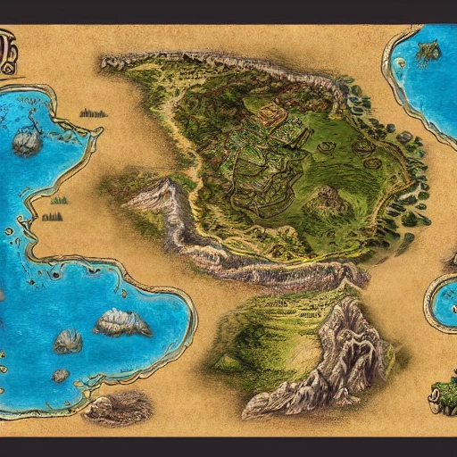 highly detailed, rpg, fantasy map, sea, land, sand, mountains, city names, fort