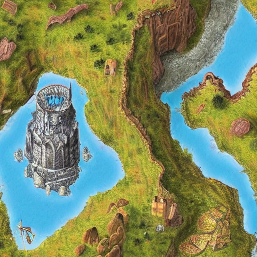 best quality, ultra high res, (photorealistic:1.4), fantasy map, RPG, castle, fort, sea, land, island, sand, ruins, dungeon, mountains, creatures