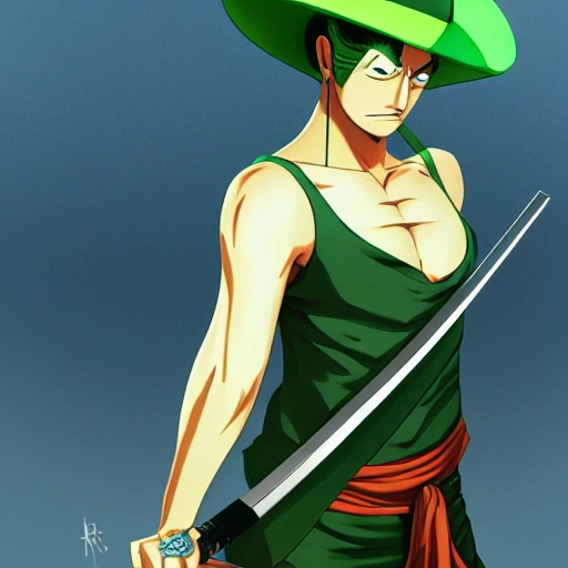 art, digital illustrations, portraits, sharp focus, elegant, digital painting, artstation, concept art, global illumination, ray tracing, chaykin howard, smoothness, one piece, Roronoa Zoro, Toei Animation, cartoon, swordsman, three katanas, three earrings, green, Santoryu