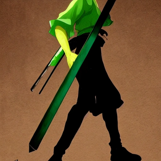 art, digital illustrations, portraits, sharp focus, elegant, digital painting, artstation, concept art, global illumination, ray tracing, chaykin howard, smoothness, one piece, Roronoa Zoro, Toei Animation, swordsman, three katanas, three earrings, green, Santoryu