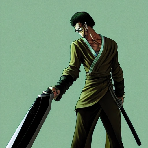 art, digital illustrations, portraits, sharp focus, elegant, digital painting, artstation, concept art, global illumination, ray tracing, chaykin howard, smoothness, one piece, Roronoa Zoro, Toei Animation, swordsman, three katanas, three earrings
, Santoryu