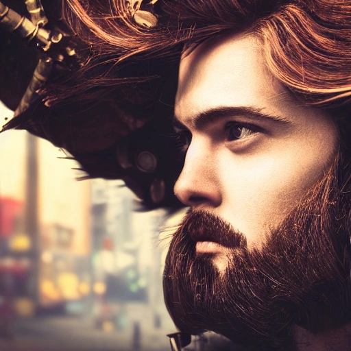 detailed, close up portrait of Man standing in a steampunk city with the wind blowing in her hair, cinematic warm color palette, spotlight, perfect symmetrical face