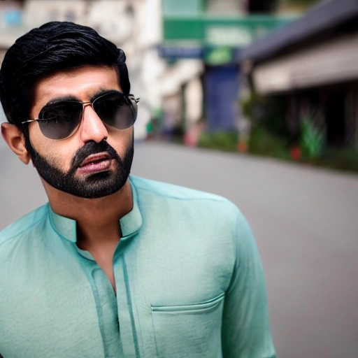 An ultra-realistic portrait of a pakistani man in his 28s, sporty, with an athletic body, dark complexion, black hair cut fashionably, green eyes, wearing a professional 
outfit in neutral colors on the main avenue of a beautiful city, in a sunny day, full length image, with the colofull background with a f2.4 bokeh