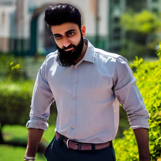 An character portrait of a Pakistani man in his 28s, sporty, with an athletic body, dark complexion, black hair cut fashionably, green eyes, wearing a professional 
outfit in neutral colors on the main avenue of a beautiful city, in a sunny day, full length image, with the colofull background with a f2.4 bokeh