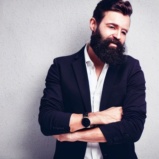 Image for website Landing page Male professional, wearing Jeans jacket and white shirt and wearing watch beard look on face dark hairs and beard