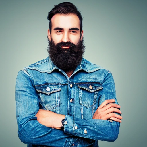 Image for website Landing page Male professional, wearing Jeans jacket and white shirt and wearing watch beard look on face dark hairs and beard