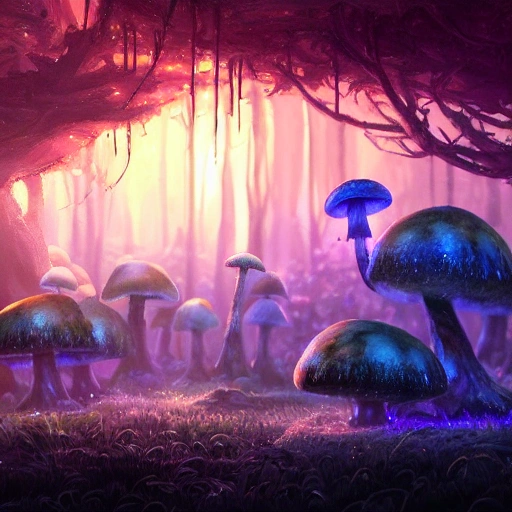 concept art painting of a fantasy alien fungal landscape at night, with glowing blue lights, glowing blue mushrooms, dark purple sky, realistic, detailed, cel shaded, in the style of makoto shinkai and greg rutkowski and albert bierstadt and james gurney , 3D, High Octane Blander Rendering