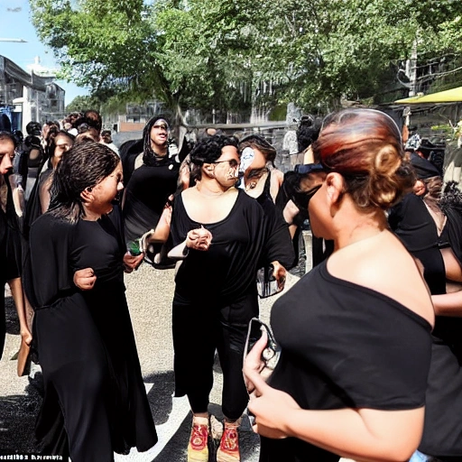 Women dressed in black around a cloth with food did not stop talking excitedly in full sun with burned calves
