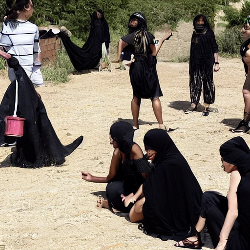 Women dressed in black around a cloth with food did not stop talking excitedly in full sun with burned calves
, Cartoon