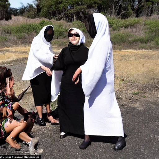 Women dressed in black around a cloth with food did not stop talking excitedly in full sun with burned calves, 3D