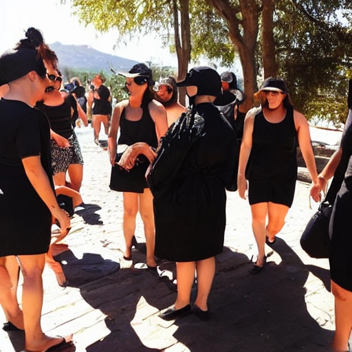 Women dressed in black around a cloth with food did not stop talking excitedly in full sun with burned calves, Oil Painting