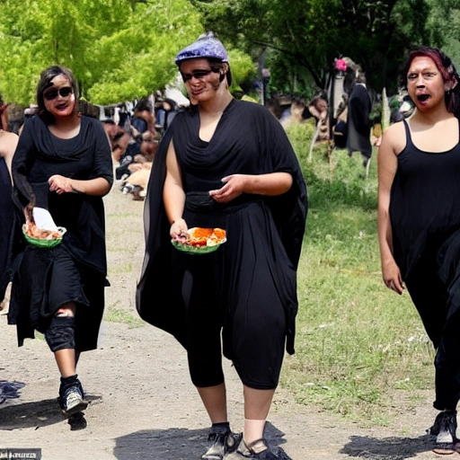 Women dressed in black around a cloth with food did not stop talking excitedly in full sun with burned calves, Water Color