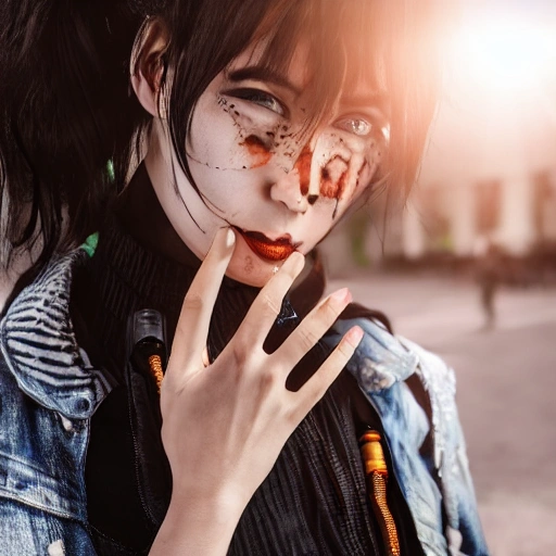 side close up portrait of 1 cyberpunk girl, detailed face, Photoshoot, Beautiful Lighting, Warm Color Palette, Excited Women dressed in black around a cloth with food did not stop talking excitedly in full sun with burned calves