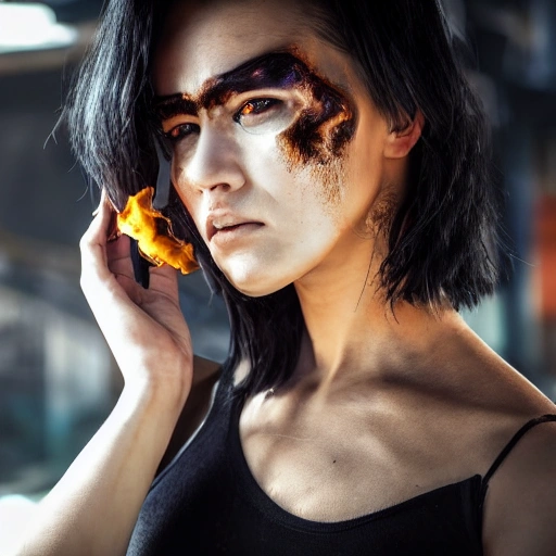 side close up portrait of 1 cyberpunk girl, detailed face, Photoshoot, Beautiful Lighting, Warm Color Palette, Excited Women dressed in black, around a cloth with food, did not stop talking excitedly, in full sun, with burned calves