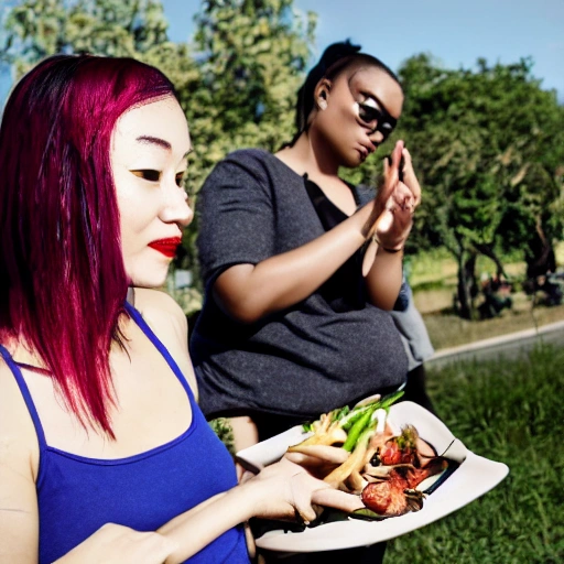 side close up portrait of 1 cyberpunk girl, detailed face, Women dressed in black, around a cloth with food, did not stop talking excitedly, in full sun, with burned calves