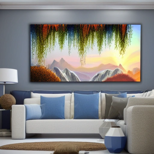 Décor fantasy style, avec montagnes et chutes d'eau glacées, soleil couchant en arrière plan, 8k,