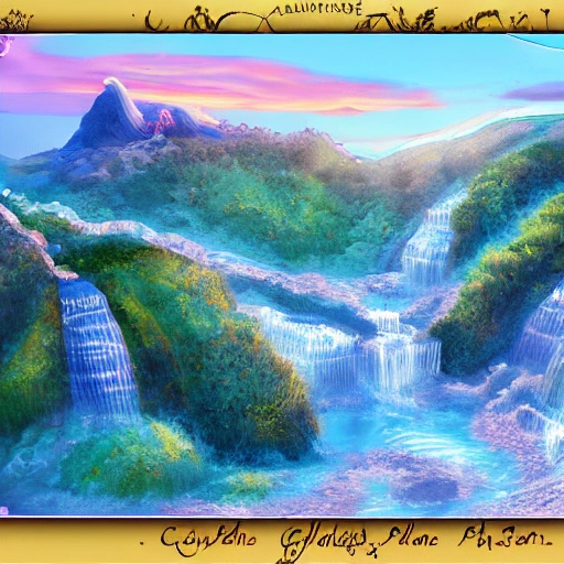 fantasy style, montagnes et chutes d'eau glacées, soleil couchant en arrière plan, 8k, Cartoon