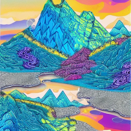 fantasy style, montagnes et chutes d'eau glacées, soleil couchant en arrière plan, Trippy