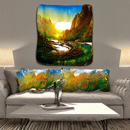 fantasy style, montagnes et chutes d'eau glacées, soleil couchant en arrière plan, , 3D