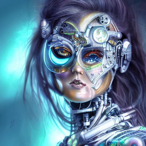 Stunning portrait of a cyborg warrior princess with glowing eyes and intricate cybernetic enhancements. Award-winning digital illustration with breathtaking lighting. In the style of Hajime Sorayama, Water Color, Trippy, Cartoon, 3D, Pencil Sketch