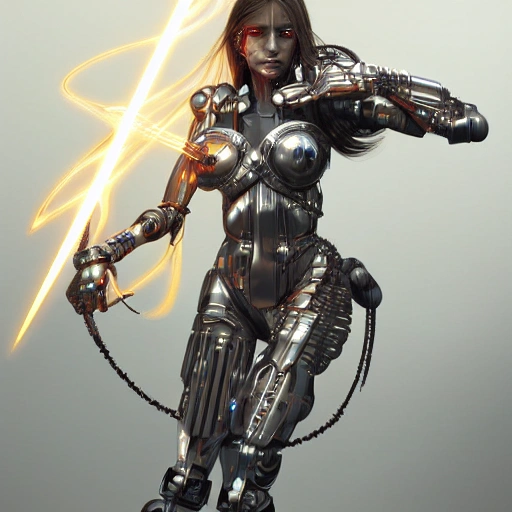 Stunning portrait of a cyborg warrior princess with glowing eyes and intricate cybernetic enhancements. Award-winning digital illustration with breathtaking lighting. In the style of Hajime Sorayama, 3D