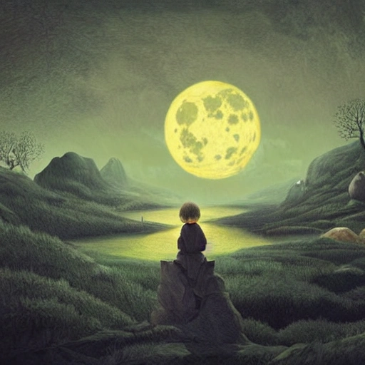 Prompt: Digital painting of a surreal landscape featuring full moon and  The overall style is a mix of Caspar David Friedrich and Hayao Miyazaki's artistic styles