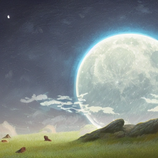 Prompt: Digital painting of a surreal landscape featuring full moon and  The overall style is a mix of Caspar David Friedrich and Hayao Miyazaki's artistic styles