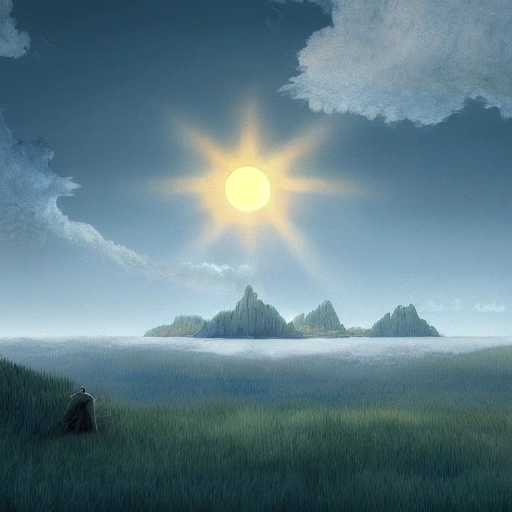 Prompt: Digital painting of a surreal landscape featuring full sun and  The overall style is a mix of Caspar David Friedrich and Hayao Miyazaki's artistic styles