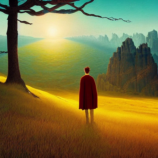 Prompt: Digital painting of a surreal landscape featuring full sun and  The overall style is a mix of Caspar David Friedrich and Hayao Miyazaki's artistic styles