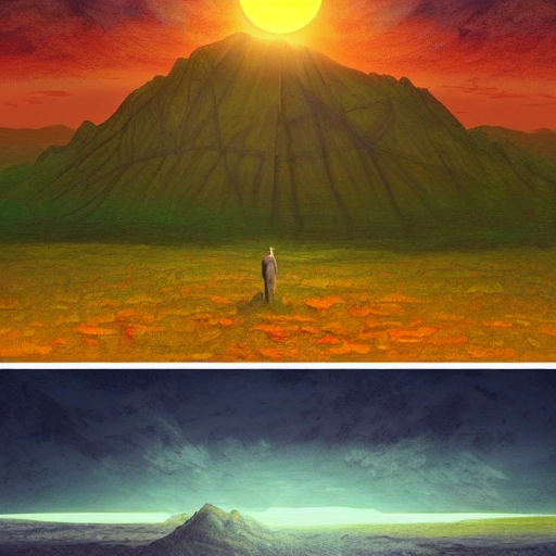 Prompt: Digital painting of a surreal landscape featuring full sun and  The overall style is a mix of Caspar David Friedrich and Hayao Miyazaki's artistic styles