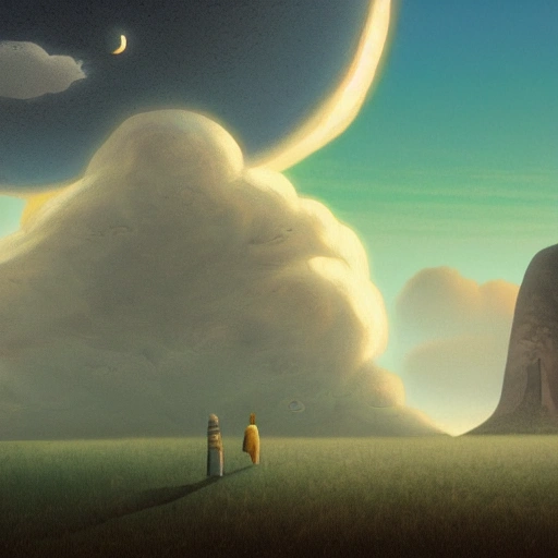 Prompt: Digital painting of a surreal landscape featuring big sun and  The overall style is a mix of Caspar David Friedrich and Hayao Miyazaki's artistic styles