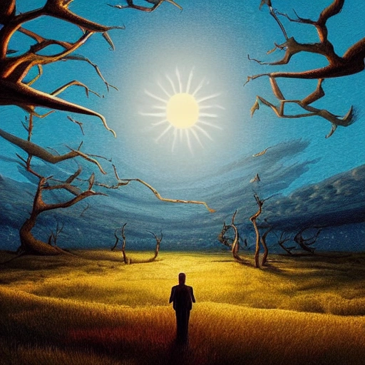 Prompt: Digital painting of a surreal landscape featuring the 
sun and  The overall style is a mix of Caspar David Friedrich and Hayao Miyazaki's artistic styles