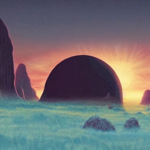 Prompt: Digital painting of a surreal landscape featuring the 
sun and  The overall style is a mix of Caspar David Friedrich and Hayao Miyazaki's artistic styles