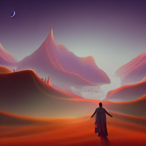 Prompt: Digital painting of a surreal landscape featuring time and space dancing 
 and The overall style is a mix of Caspar David Friedrich and Hayao Miyazaki's artistic styles