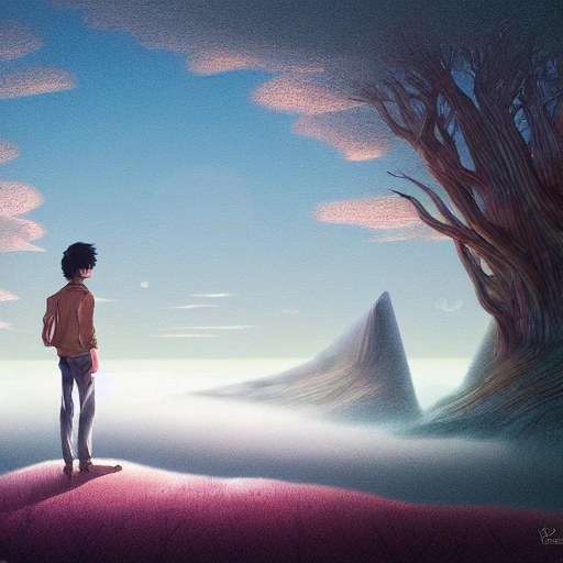 Prompt: Digital painting of a surreal landscape featuring time and space dancing 
 and The overall style is a mix of Caspar David Friedrich and Hayao Miyazaki's artistic styles