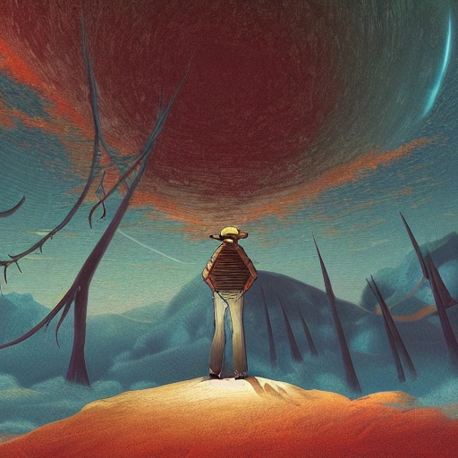 Prompt: Digital painting of a surreal landscape featuring time and space  and The overall style is a mix of Caspar David Friedrich and Hayao Miyazaki's artistic styles