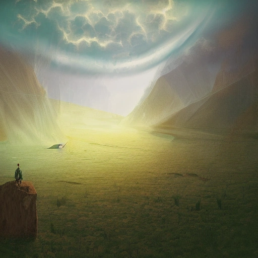 Prompt: Digital painting of a surreal landscape featuring time and space  and The overall style is a mix of Caspar David Friedrich and Hayao Miyazaki's artistic styles