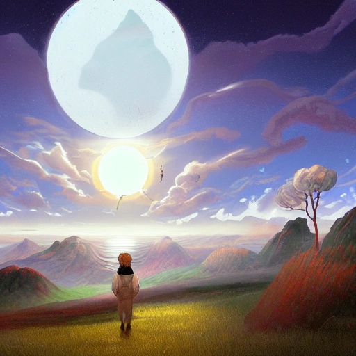 Prompt: Digital painting of a surreal landscape featuring 
sun and moon and The overall style is a mix of Caspar David Friedrich and Hayao Miyazaki's artistic styles
