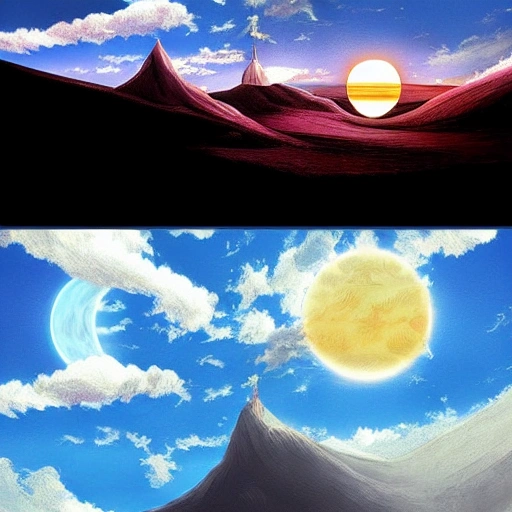 Prompt: Digital painting of a surreal landscape featuring 
sun and moon and The overall style is a mix of Caspar David Friedrich and Hayao Miyazaki's artistic styles
