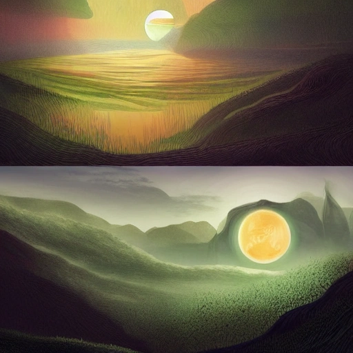 Prompt: Digital painting of a surreal landscape featuring 
sun and moon and The overall style is a mix of Caspar David Friedrich and Hayao Miyazaki's artistic styles
