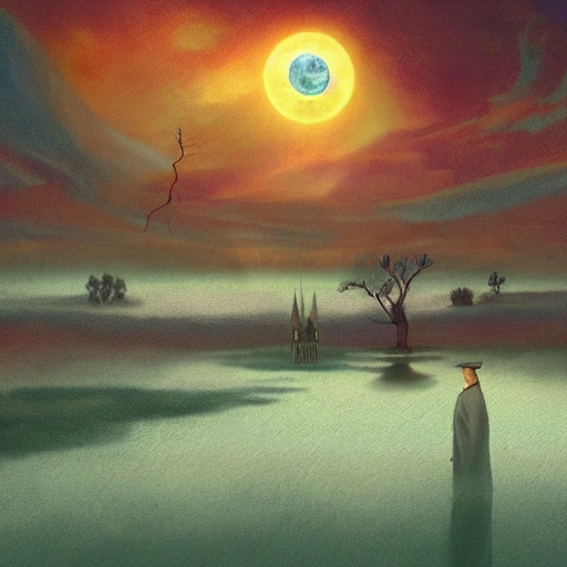 Prompt: Digital painting of a surreal landscape featuring 
sun near moon and The overall style is a mix of Caspar David Friedrich and Hayao Miyazaki's artistic styles
