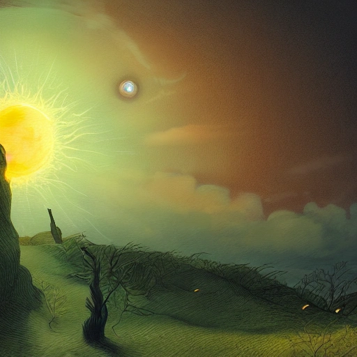 Prompt: Digital painting of a surreal landscape featuring 
sun near moon and The overall style is a mix of Caspar David Friedrich and Hayao Miyazaki's artistic styles
