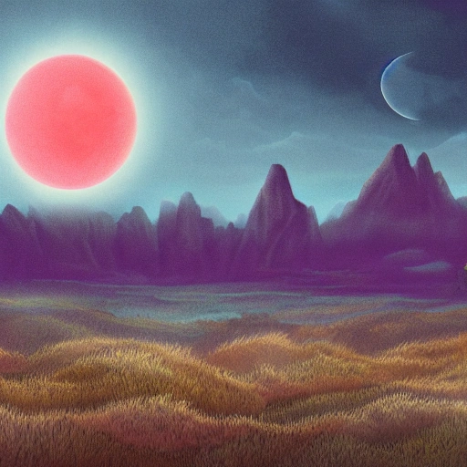 Prompt: Digital painting of a surreal landscape featuring 
eclipse and The overall style is a mix of Caspar David Friedrich and Hayao Miyazaki's artistic styles
