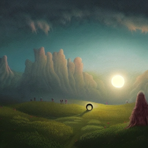 Prompt: Digital painting of a surreal landscape featuring 
eclipse and The overall style is a mix of Caspar David Friedrich and Hayao Miyazaki's artistic styles
